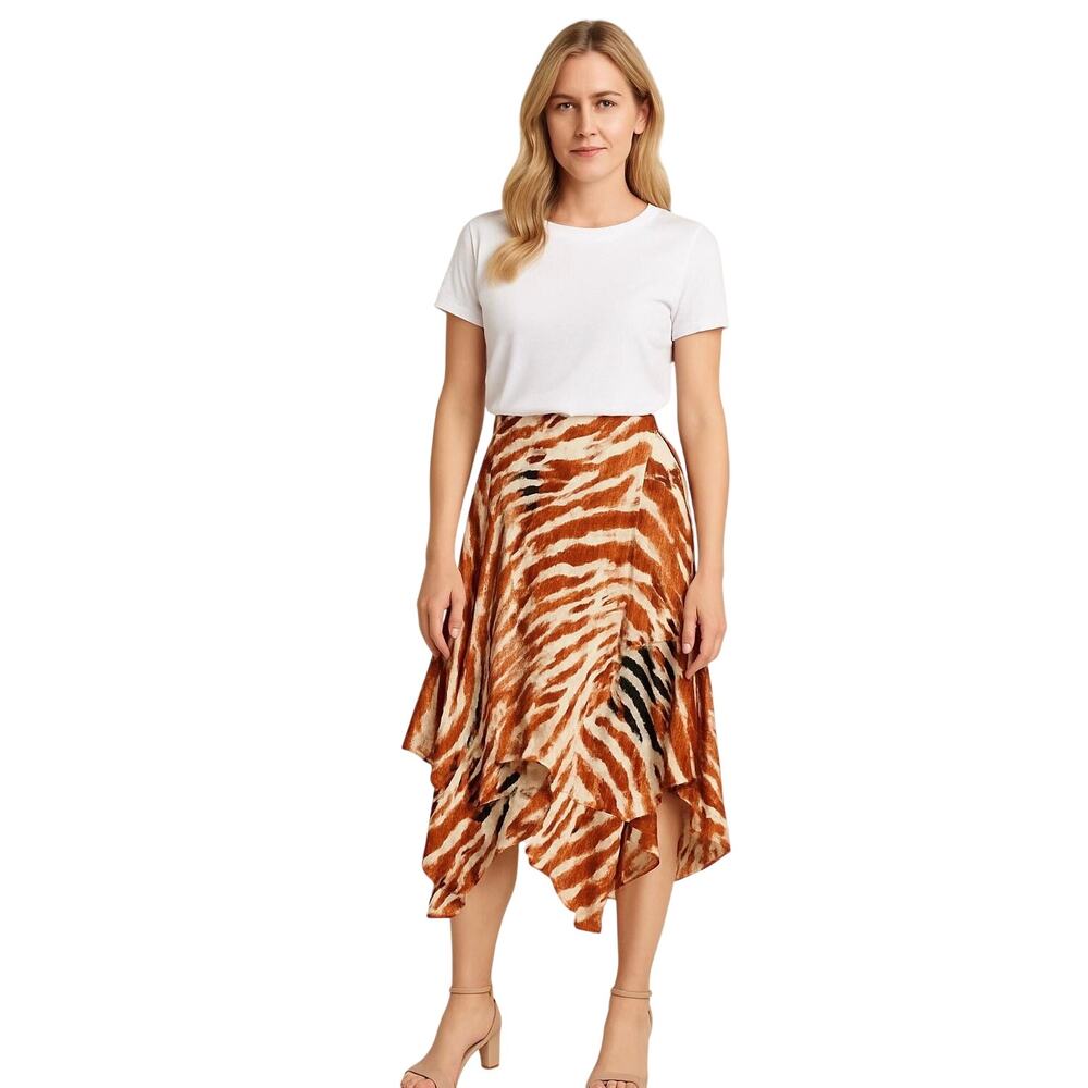 Calvin Klein Womens Animal Print Midi Skirt Handkerchief Hem Flowy Brown 16W